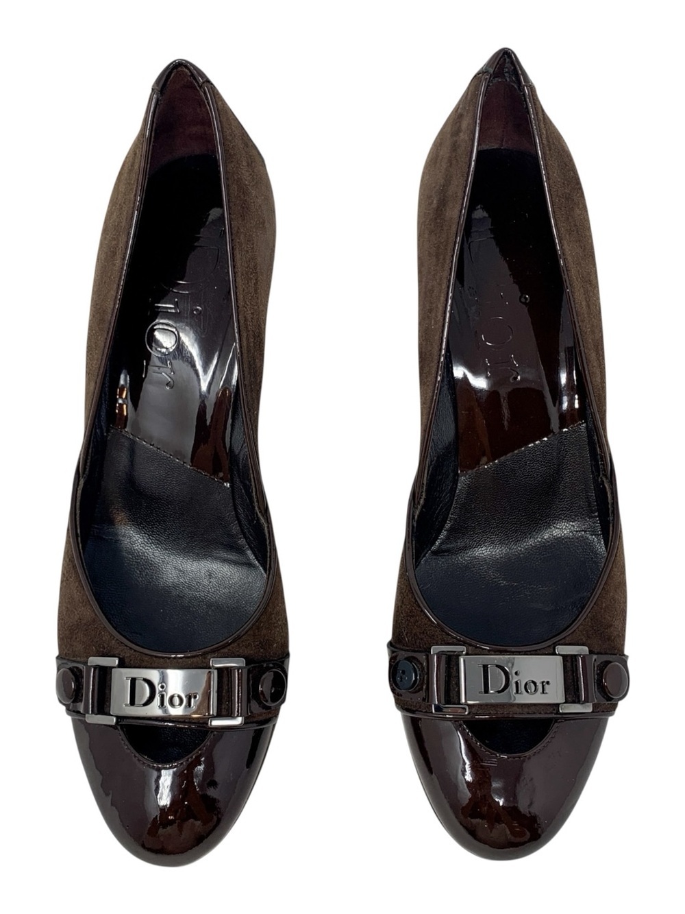 Vintage Dior Galliano Era Street Chic Brown Suede Patent Leather Logo Pumps 37.5